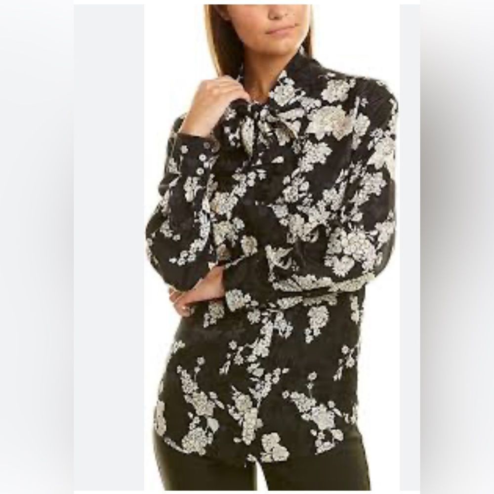 Rebecca Taylor Gabrielle Floral Silk Blend Tie Neck Blouse Black EUC XS